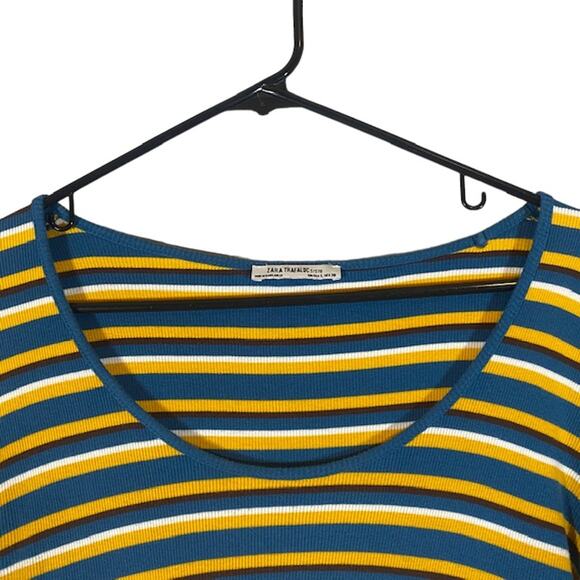 Zara Blue & Yellow Multicolor Striped Short Sleeve Cropped Top Women Sz L - Picture 3 of 7